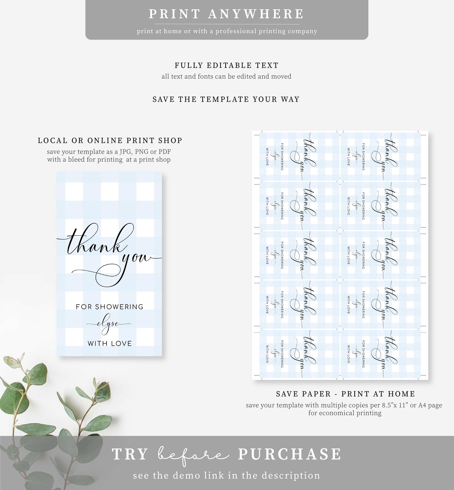 Gingham Blue | Printable Thank You Tag Template