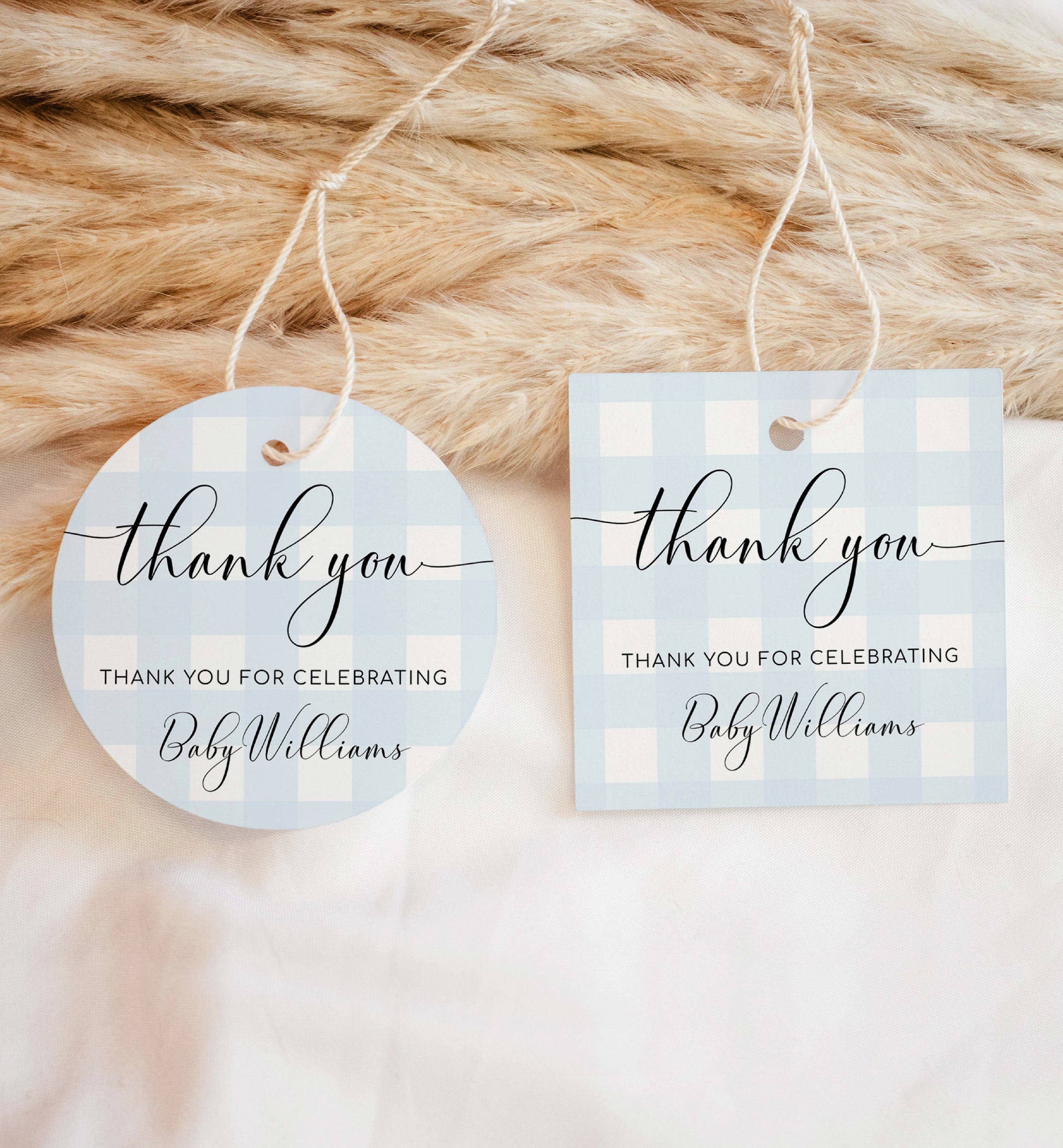 Printable Thank You Favor Tag Template, Blue Gingham BBQ Baby Shower Favor Tag, Baby Boy Blue Gingham, Storybook Baby Shower, Sticker label, Spring Summer Baby Shower