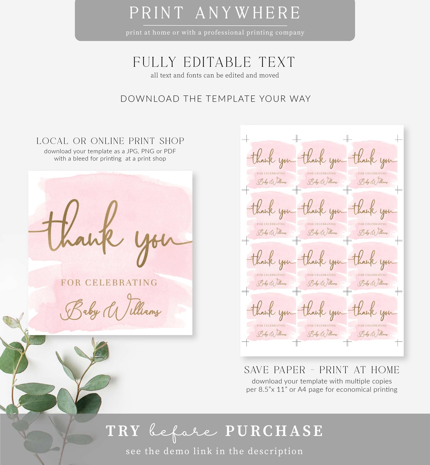 Watercolour Pink | Printable Thank You Favour Tag Template