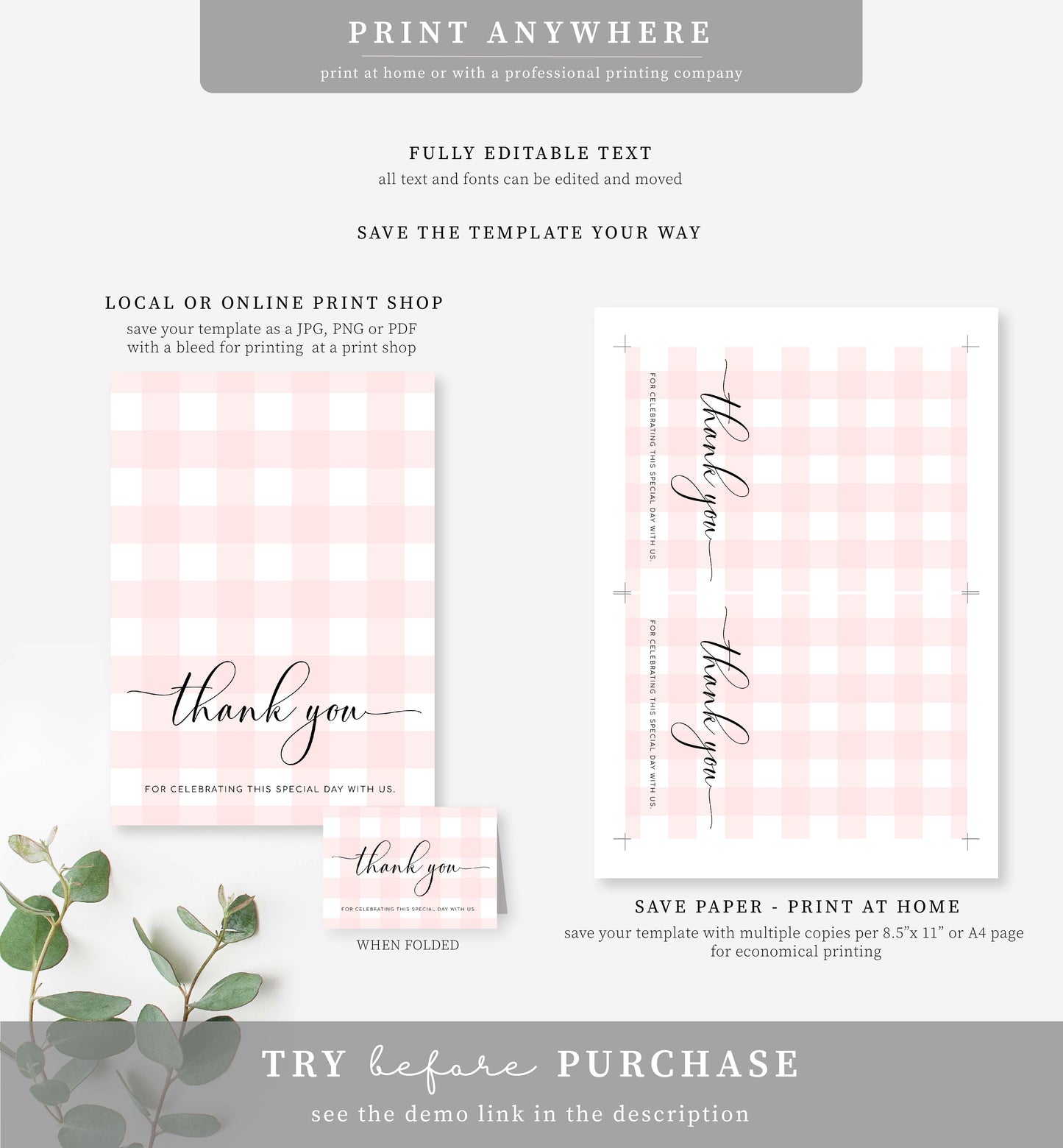 Gingham Pink | Printable Thank You Card Template