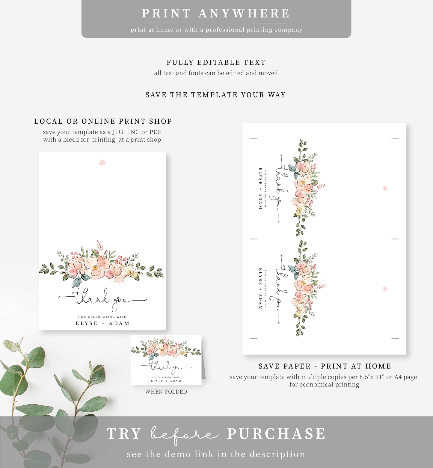 Cambridge Floral Multi | Printable Thank You Card Template