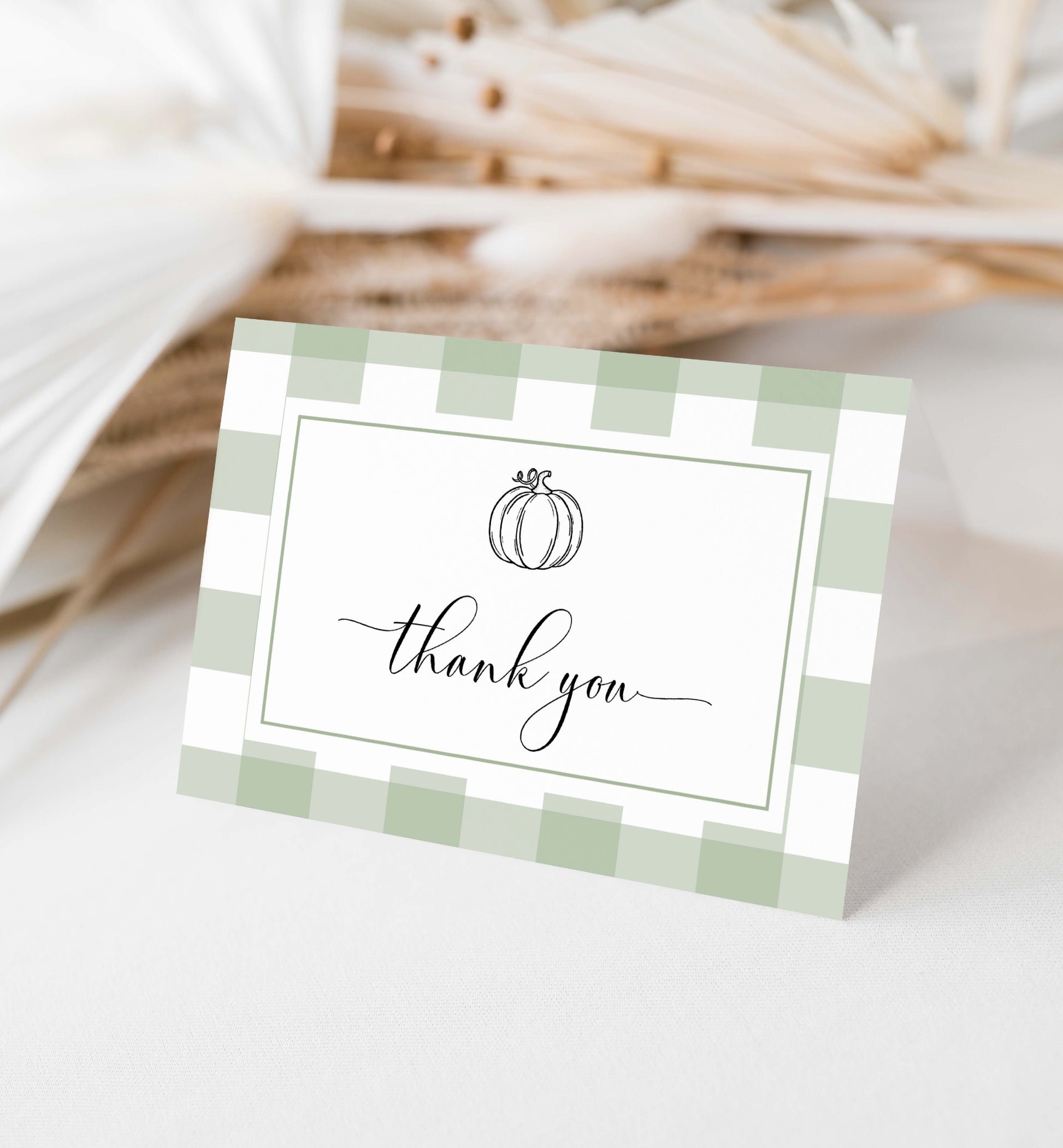 Gingham Sage Green Pumpkin | Printable Thank You Card Template – Black Bow Studio gingham-sage-green-pumpkin-printable-thank-you-card-template-black-bow-studio