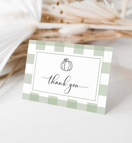 Editable Thank You Folded and Flat Card, Sage Green Gingham, Fall Autumn Pumpkin Thank You Card, Printable Boy Baby Shower Thank You Card