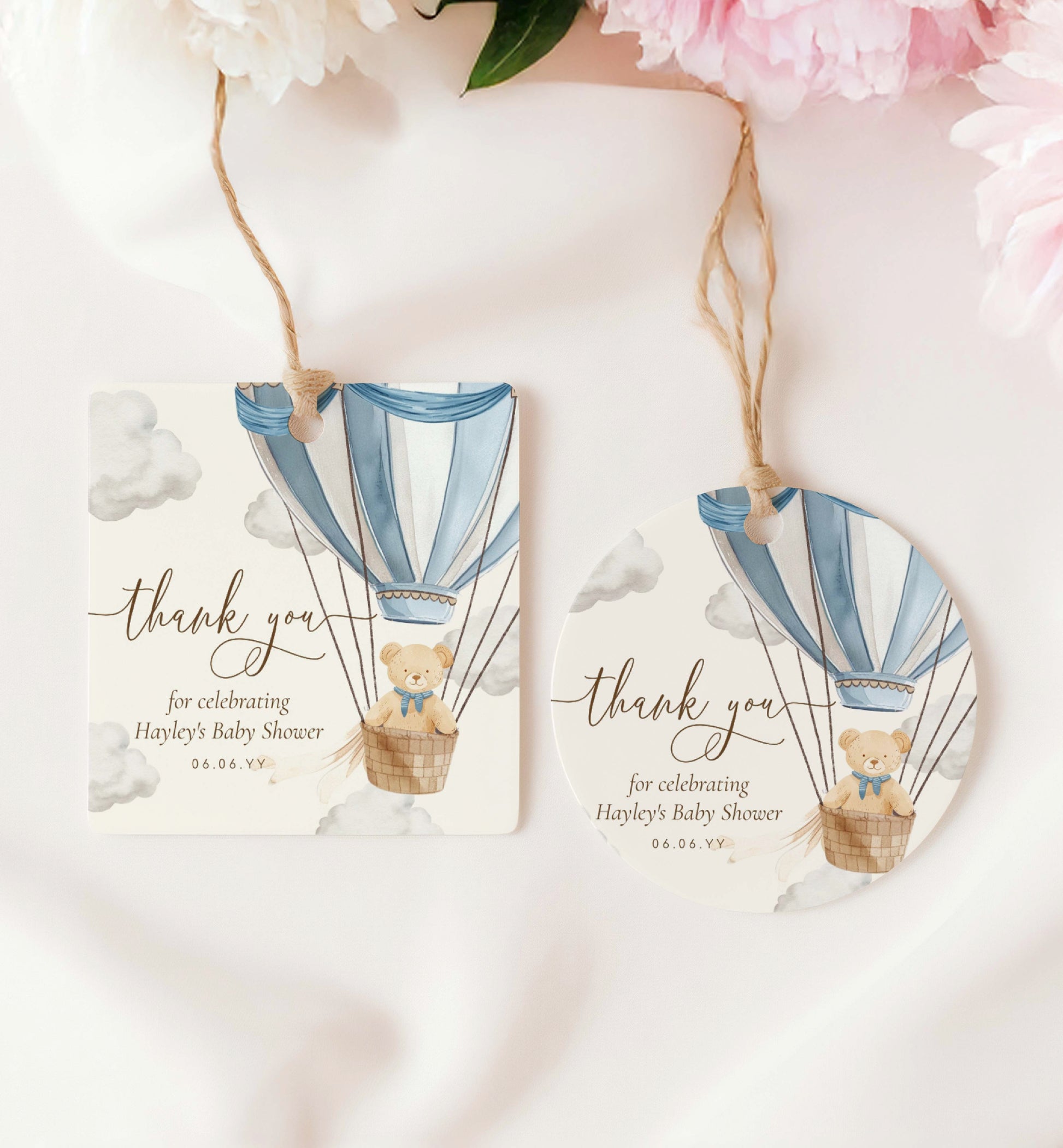 Thank You Favour Tag Template, We Can Bearly Wait Teddy Bear, Hot Air Balloon, Boy Baby Shower Printable Baby Shower Favor Tag