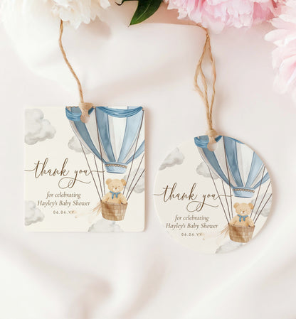 Thank You Favour Tag Template, We Can Bearly Wait Teddy Bear, Hot Air Balloon, Boy Baby Shower Printable Baby Shower Favor Tag