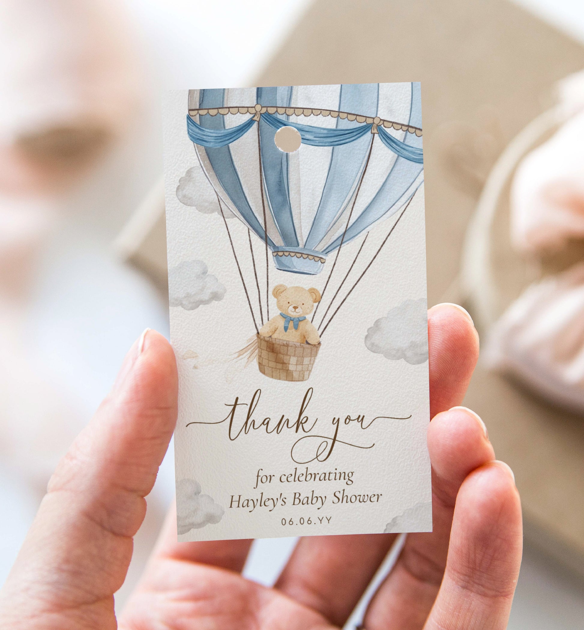 Thank You Favour Tag Template, We Can Bearly Wait Teddy Bear, Hot Air Balloon, Boy Baby Shower Printable Baby Shower Favor Tag