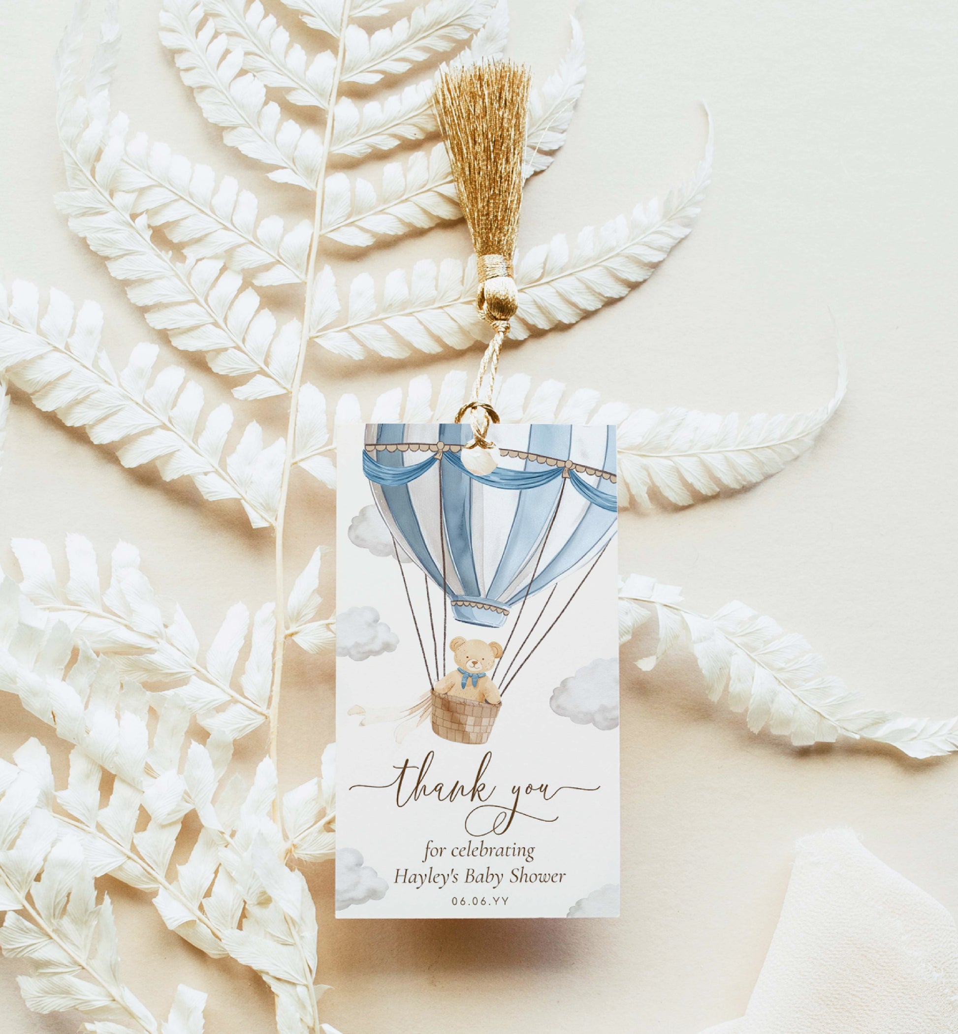 Thank You Favour Tag Template, We Can Bearly Wait Teddy Bear, Hot Air Balloon, Boy Baby Shower Printable Baby Shower Favor Tag