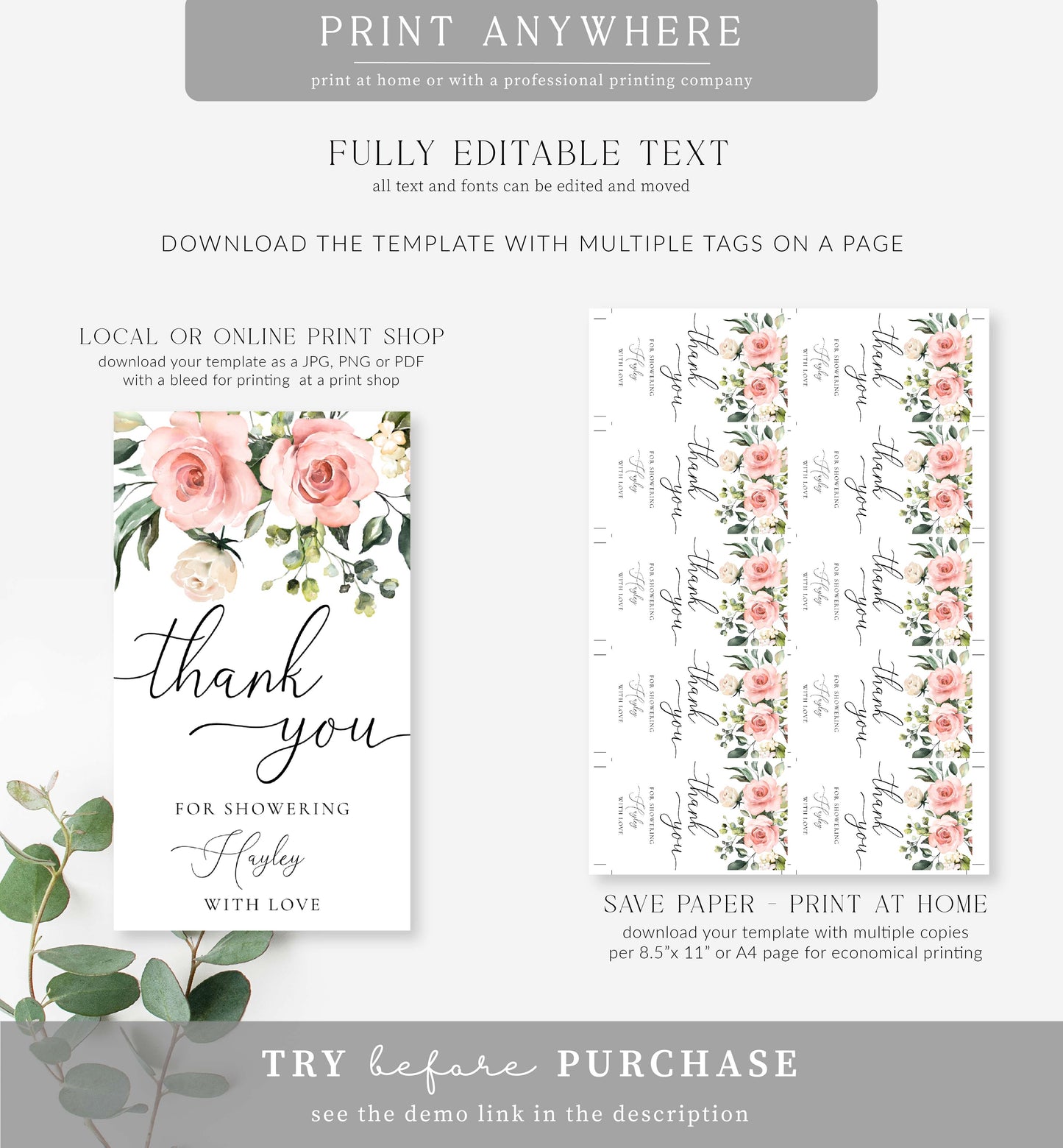 Darcy Floral Pink | Printable Favour Tags Template