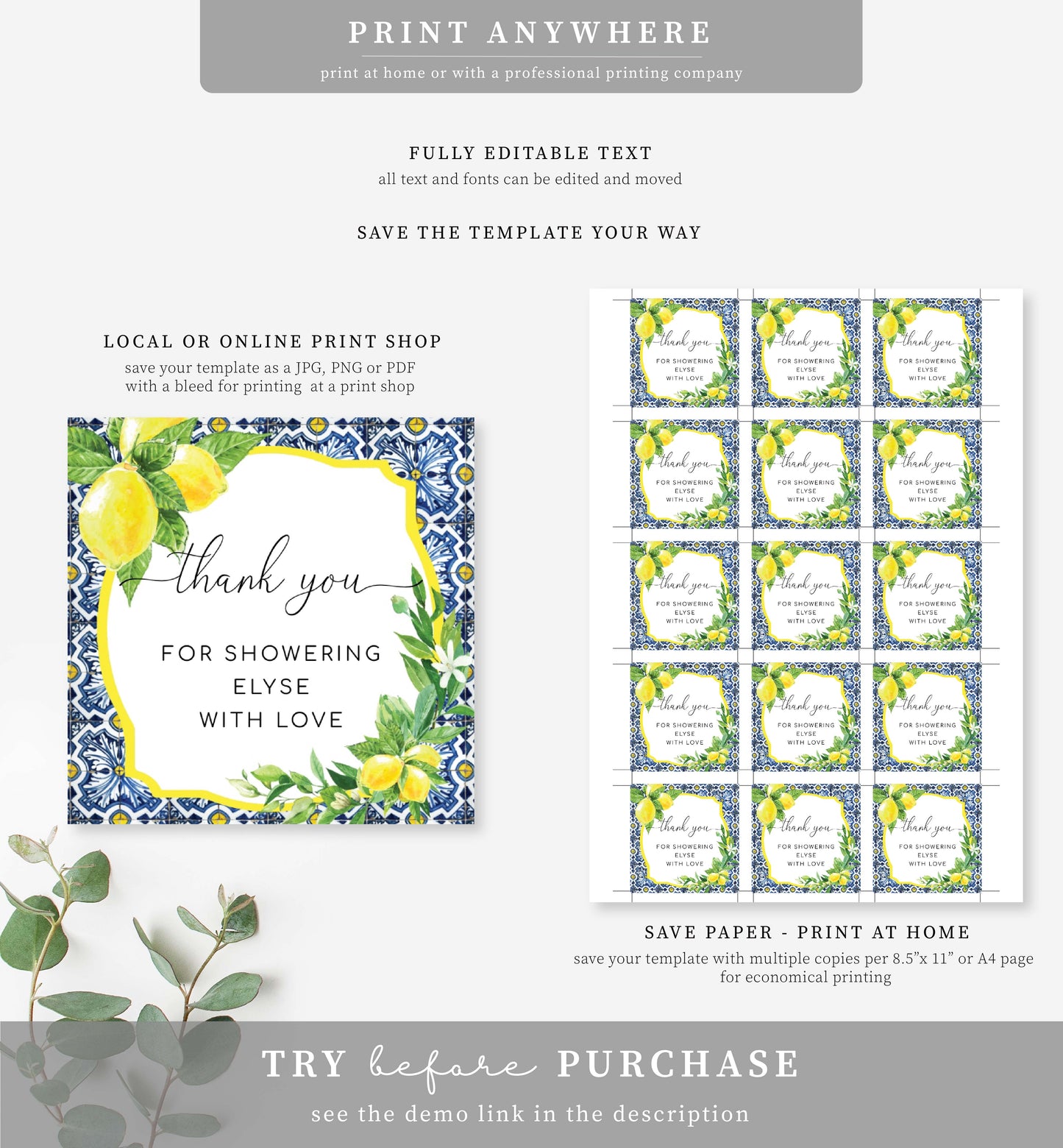 Positano Lemons | Printable Favour Square Tags Template