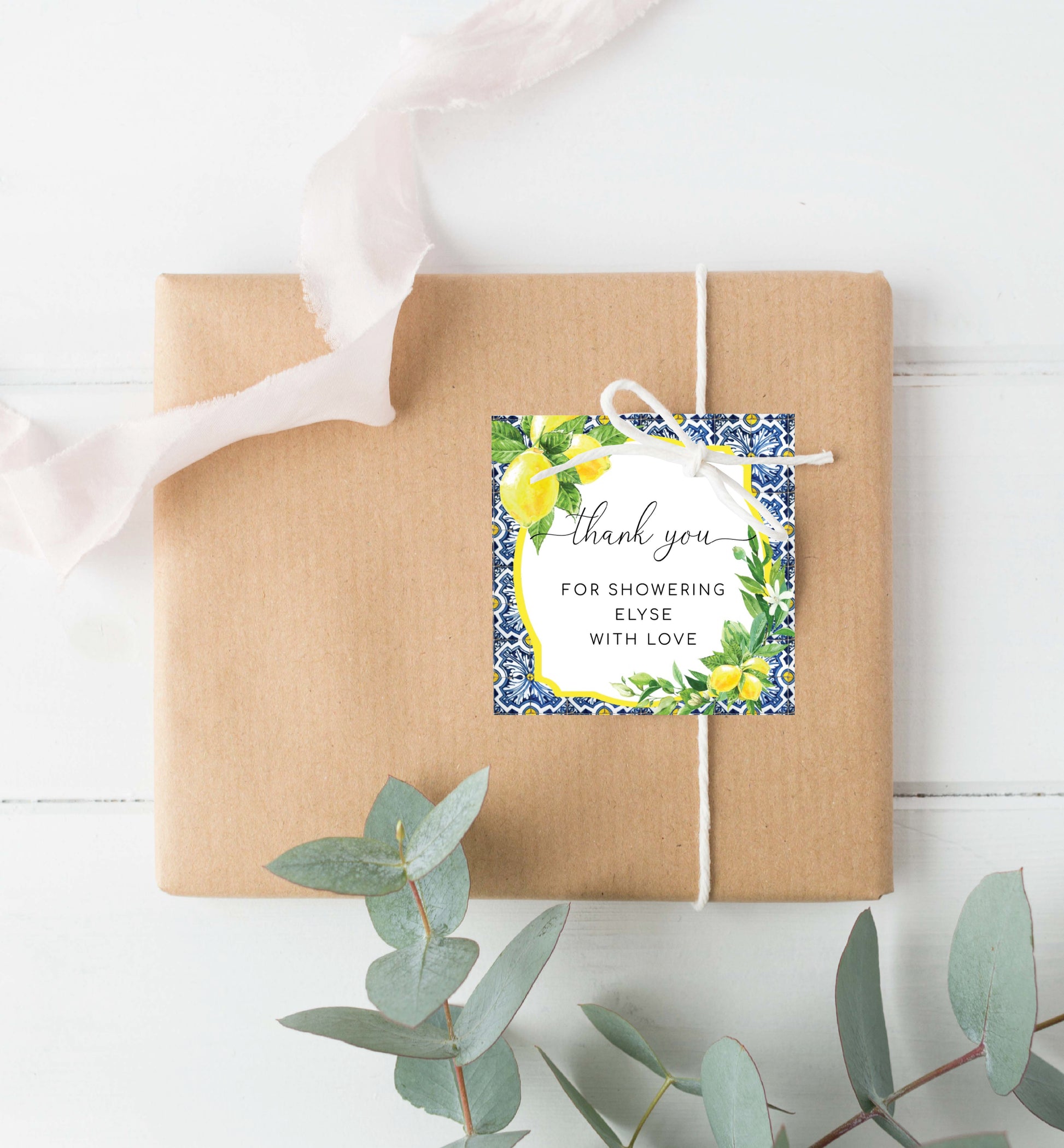 Printable Thank You Square Favor Tag, Positano Blue Tile Lemon, Bridal Shower Favor Tag, Baby Shower Favor Tag, Italian Wedding Favor Tags, Grazie Favor Tag