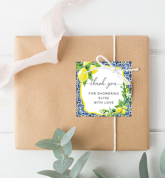 Printable Thank You Square Favor Tag, Positano Blue Tile Lemon, Bridal Shower Favor Tag, Baby Shower Favor Tag, Italian Wedding Favor Tags, Grazie Favor Tag