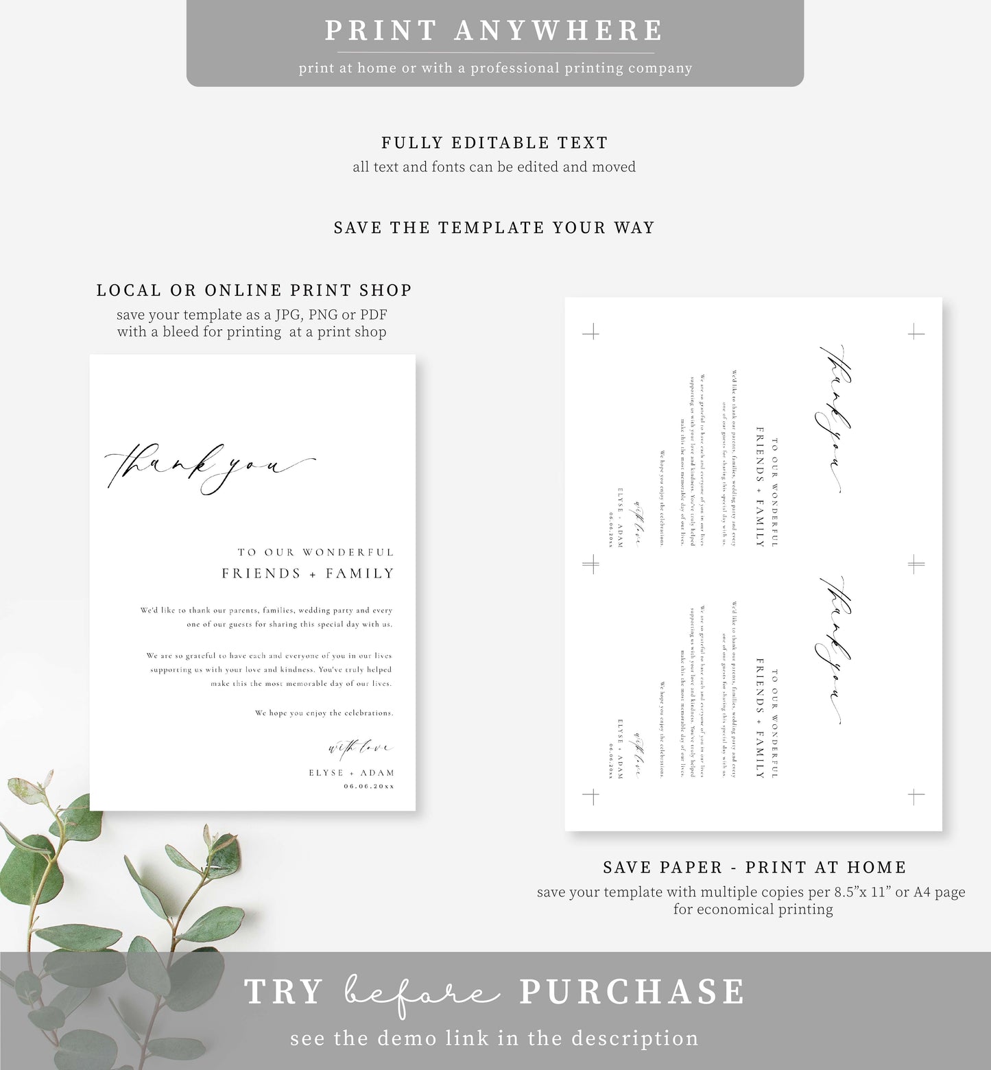 Ellesmere White | Printable Wedding Thank You Card Template