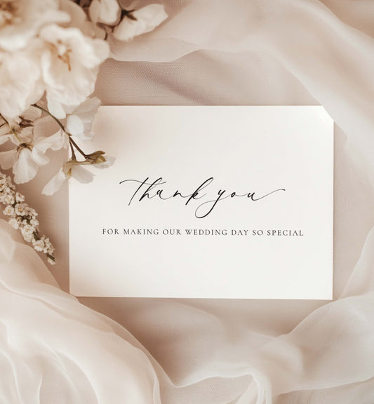 Wedding thank you card with floral arrangement on soft fabric background. Thank You For Making Our Wedding Day So Special Card, Wedding Vendor Thank You Card, Wedding Gift Thank Card Ivory, Ellesmere