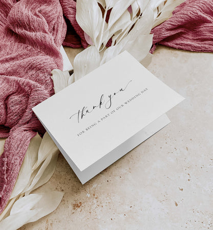 White card with 'thank you' text on a textured surface with pink fabric and white branches. Thank You For Being A Part Of Our Wedding Day So Special Card, Wedding Vendor Thank You Card, Wedding Gift Thank Card Ivory, Ellesmere