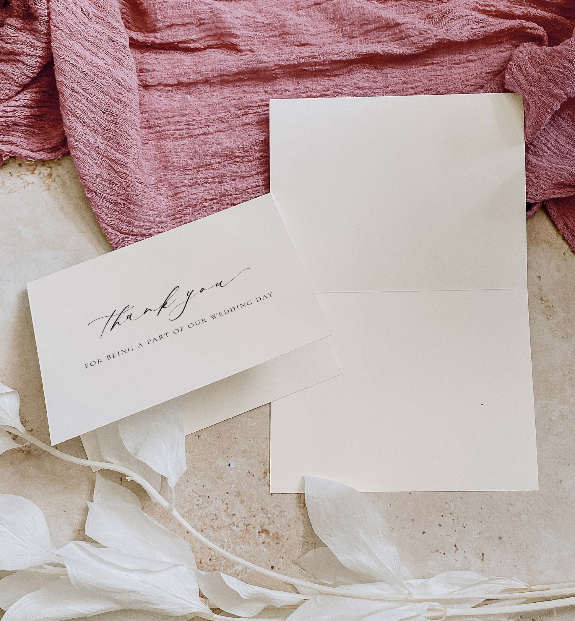 White card with 'thank you' text on a textured surface with pink fabric and white flowers. Thank You For Being A Part Of Our Wedding Day So Special Card, Wedding Vendor Thank You Card, Wedding Gift Thank Card Ivory, Ellesmere