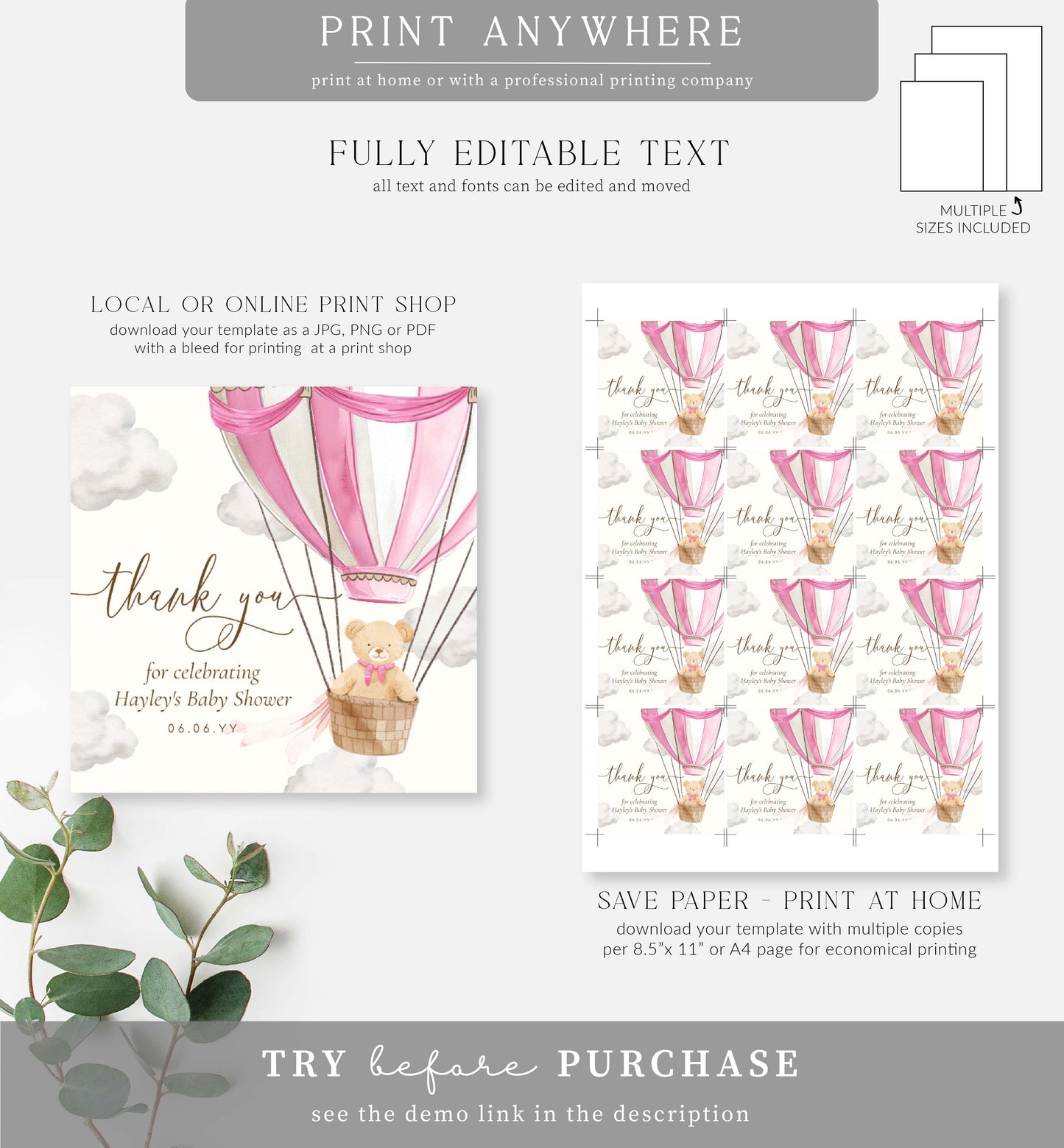 Bearly Wait Pink | Printable Thank You Tags Template