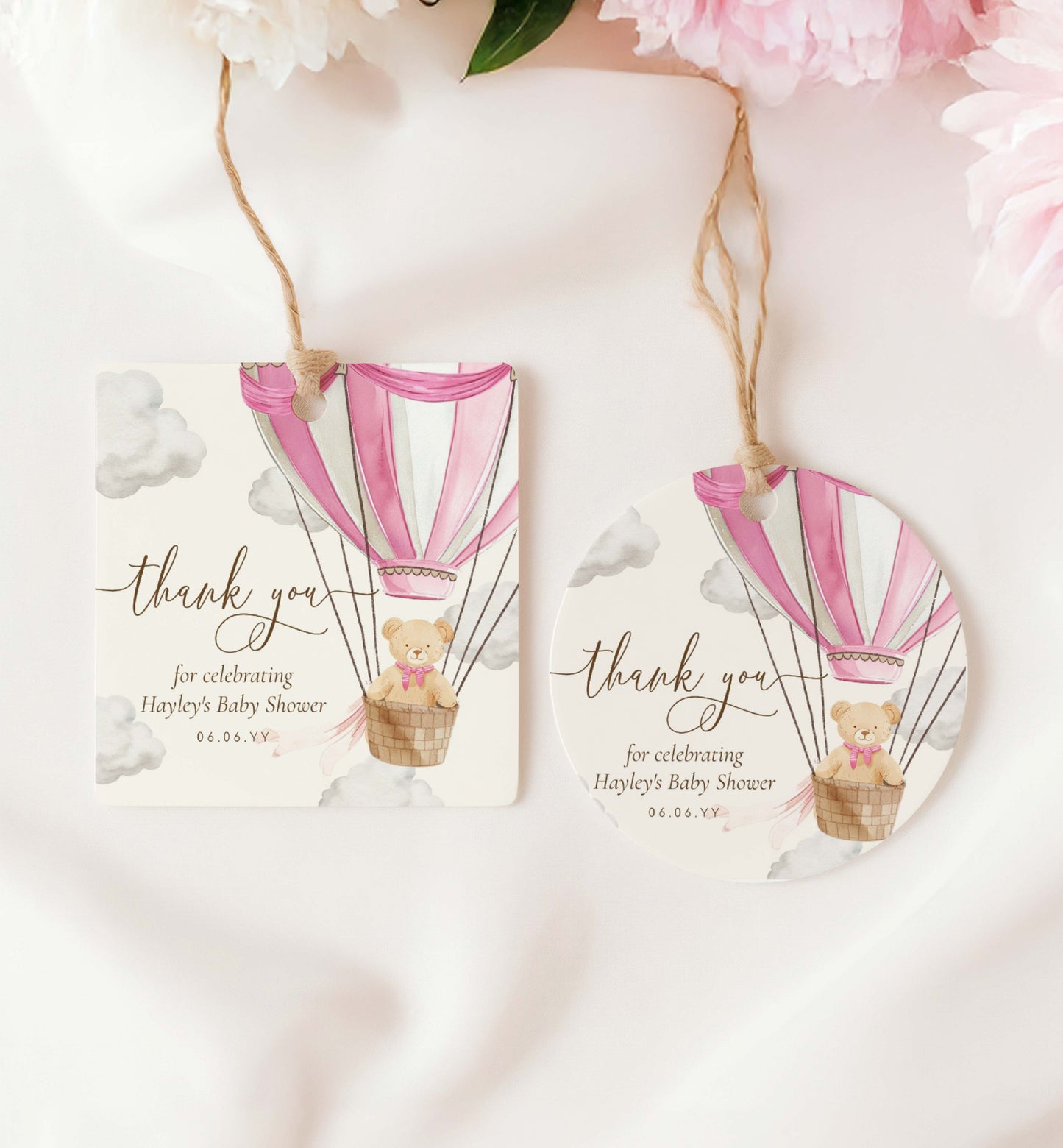 Thank You Favor Tag Template, We Can Bearly Wait Teddy Bear, Pink Hot Air Balloon, Girl Baby Shower Printable Baby Shower Favor Tag