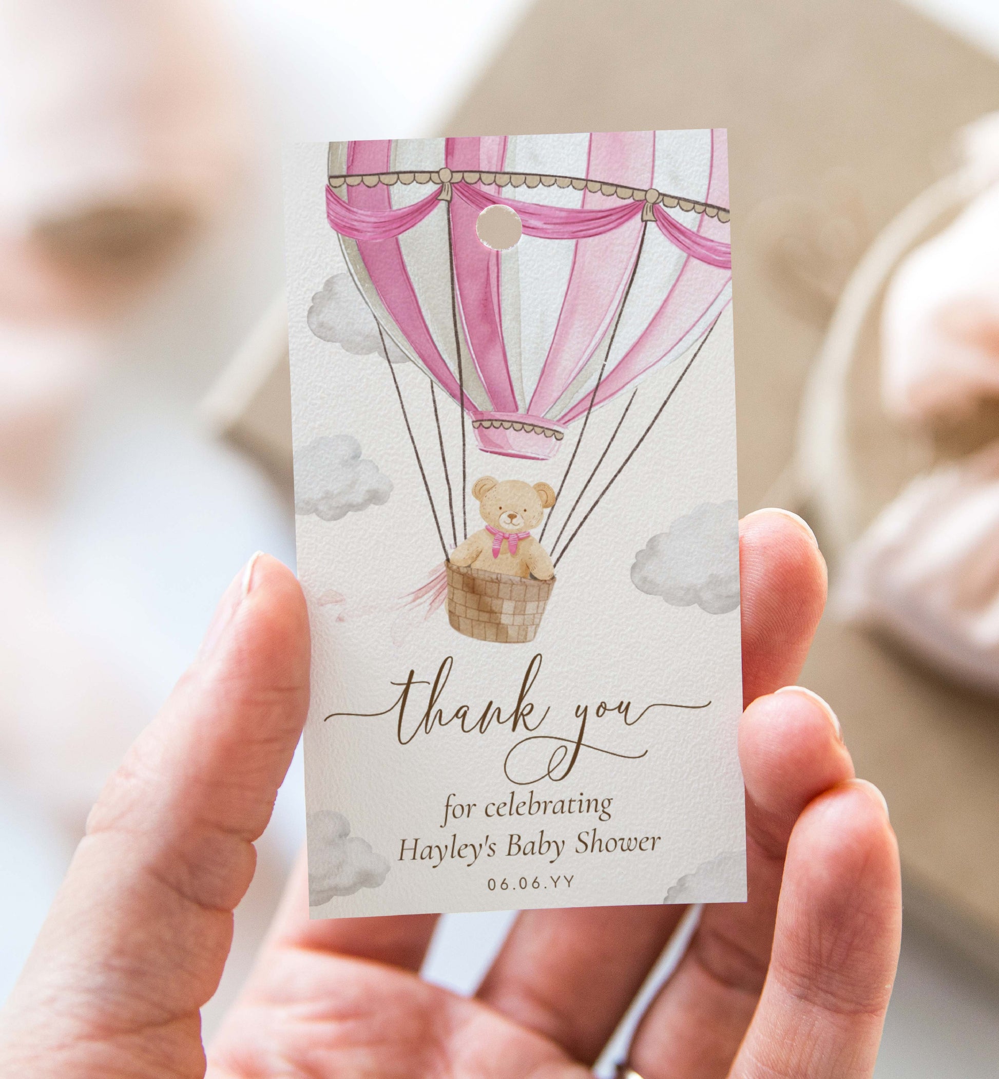 Thank You Favor Tag Template, We Can Bearly Wait Teddy Bear, Pink Hot Air Balloon, Girl Baby Shower Printable Baby Shower Favor Tag