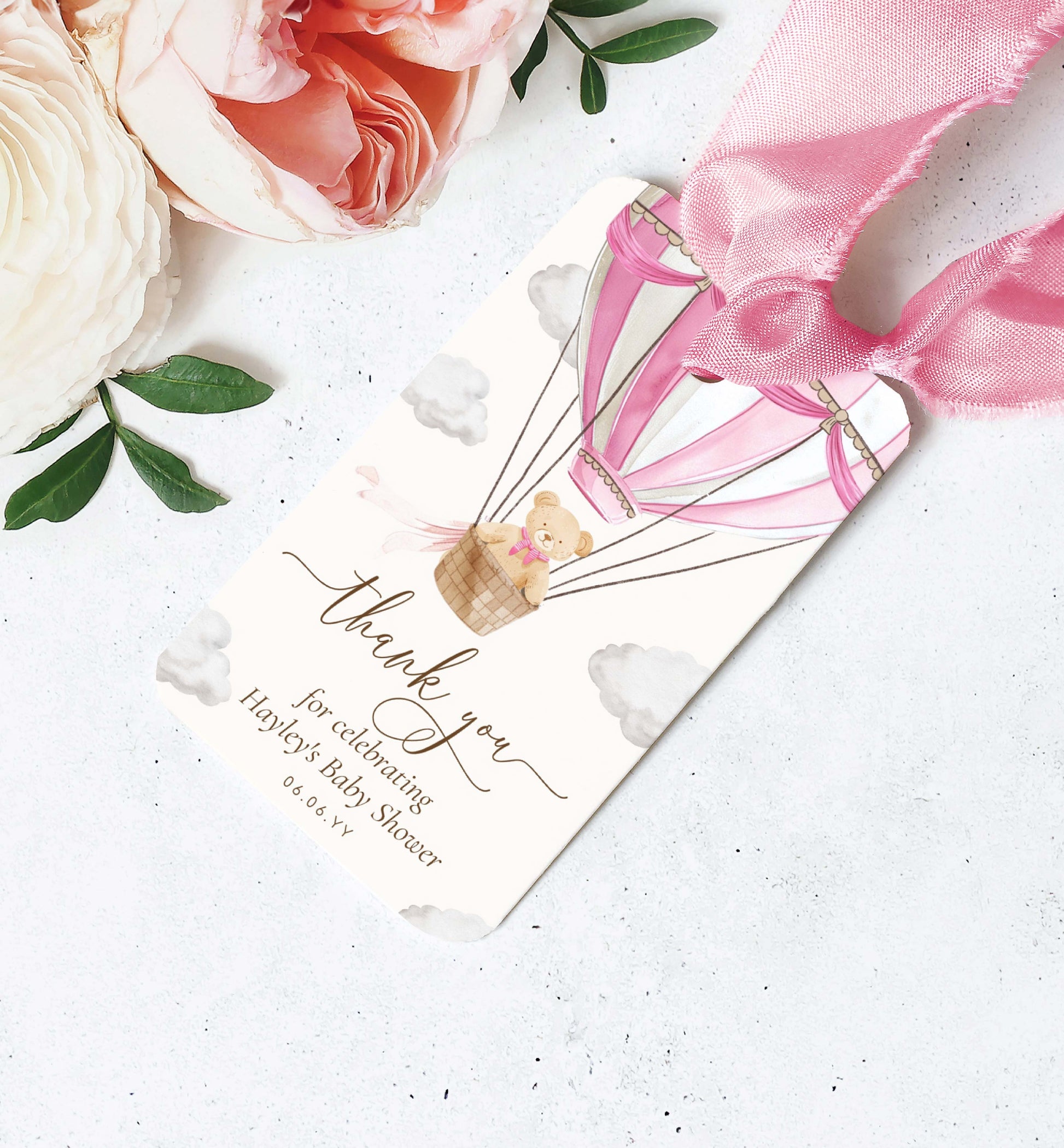 Thank You Favor Tag Template, We Can Bearly Wait Teddy Bear, Pink Hot Air Balloon, Girl Baby Shower Printable Baby Shower Favor Tag