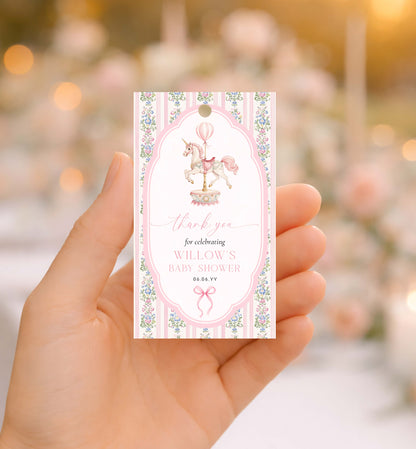Carousel Horse Thank You Printable Favor Tag, Girl Baby Shower, Whimsical Pink Vintage Circus Horse