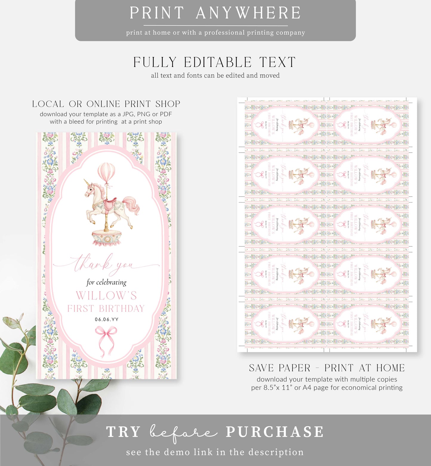 Carousel Pink | Printable Thank You Tag Template