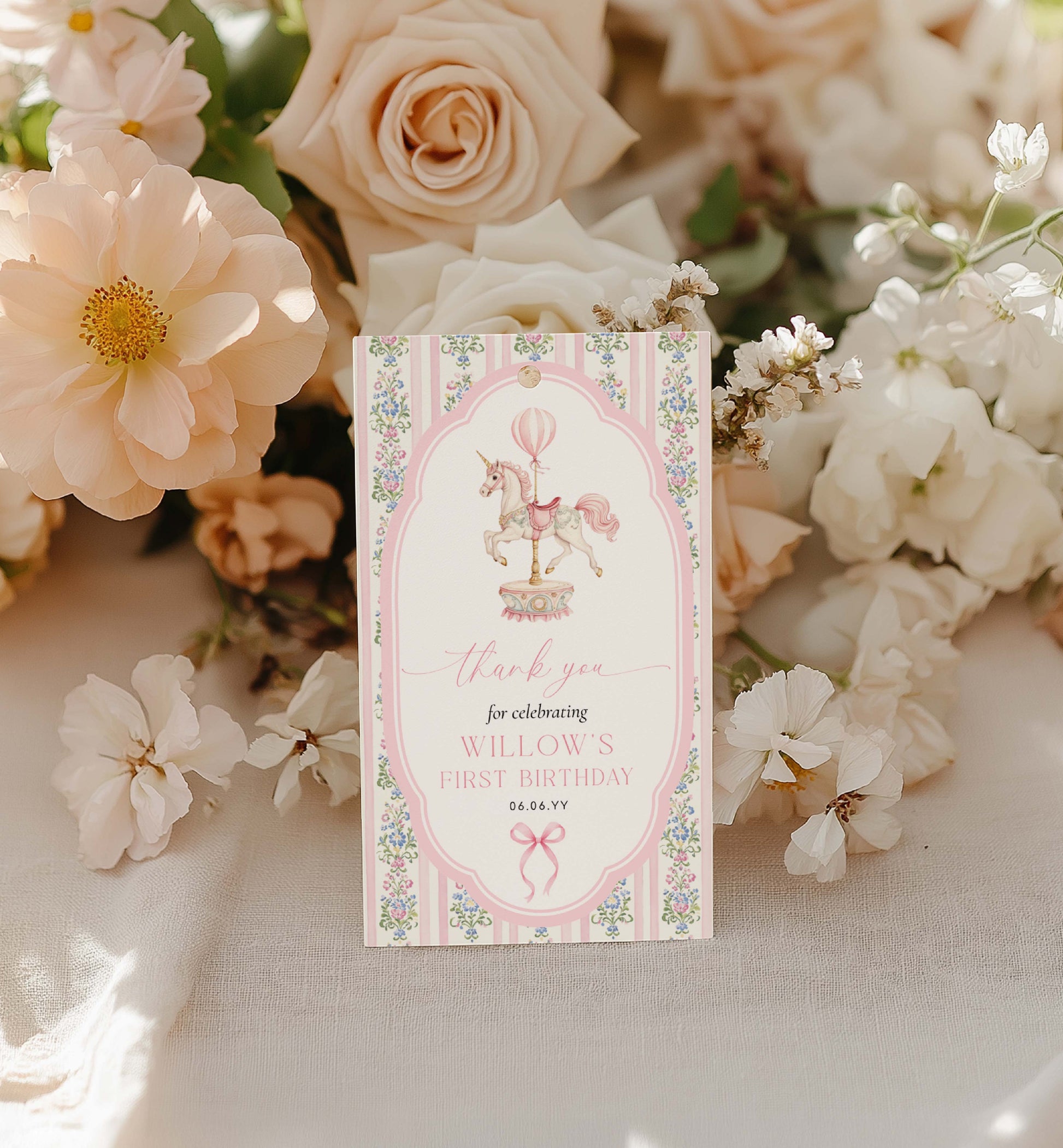 Invitation card for a birthday celebration surrounded by flowers. Carousel Horse Thank You Printable Favor Tag, Girl First Birthday, Whimsical Pink Vintage Circus Horse