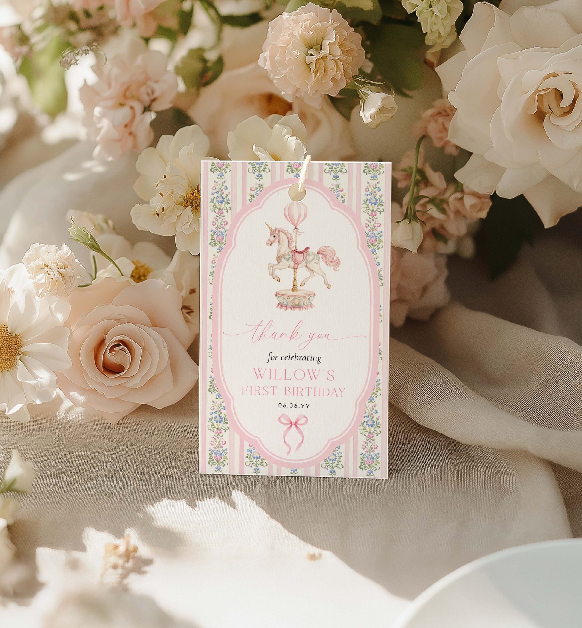 Decorative card with floral design on a background of white flowers. Carousel Horse Thank You Printable Favor Tag, Girl First Birthday, Whimsical Pink Vintage Circus Horse