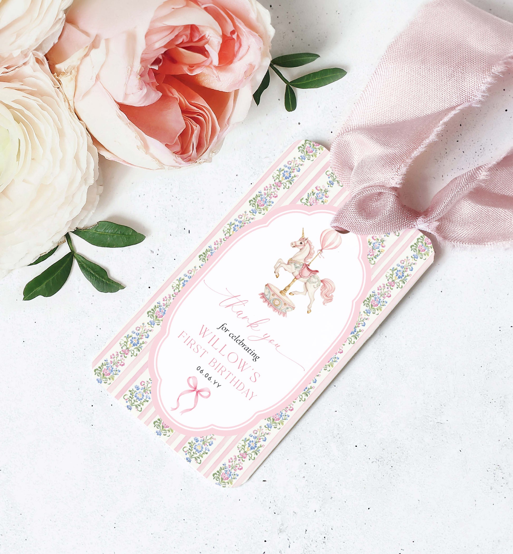 Pink baby shower invitation with floral design and ribbon on a white surface with flowers. Carousel Horse Thank You Printable Favor Tag, Girl First Birthday, Whimsical Pink Vintage Circus Horse