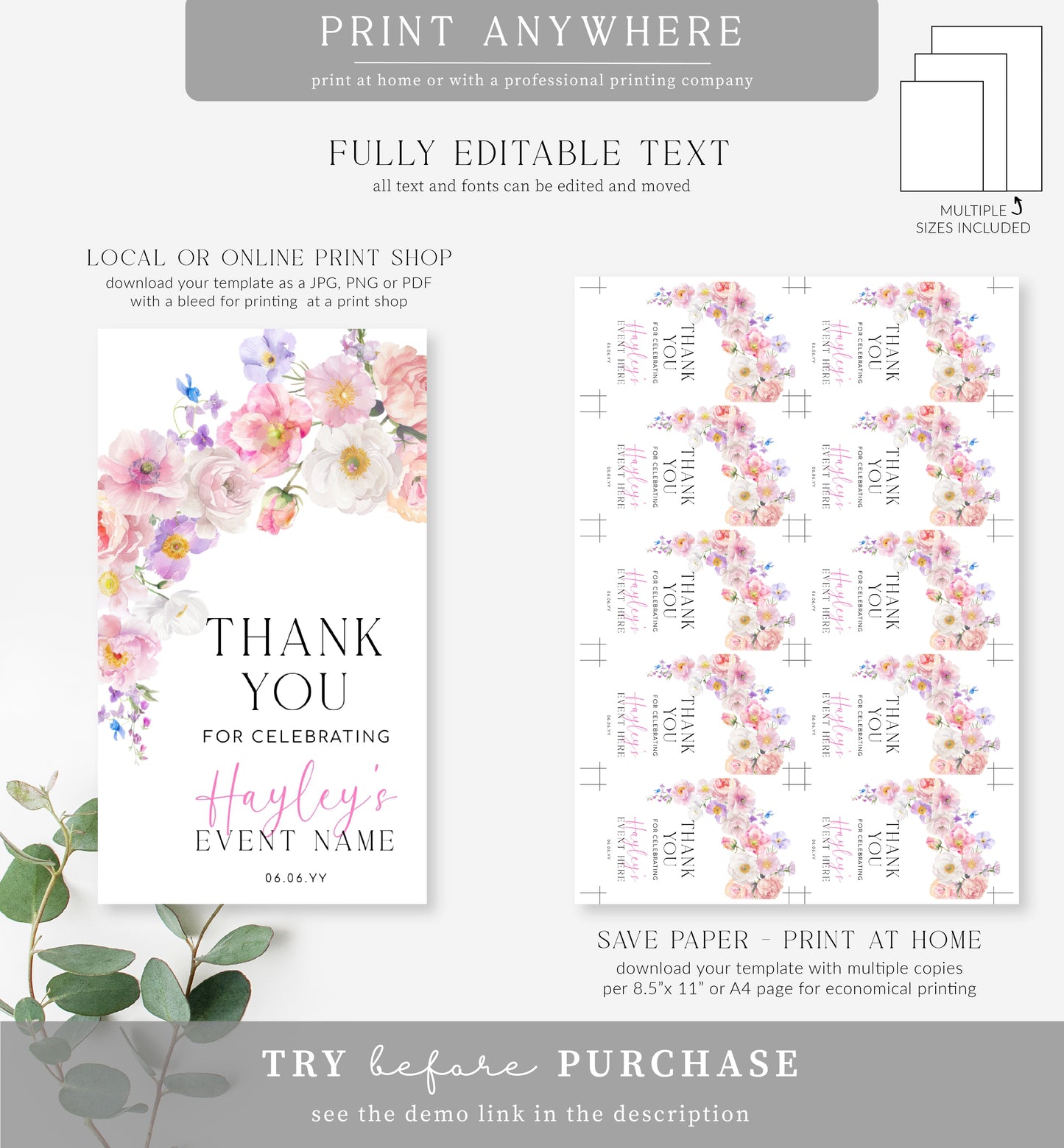 Eloise Floral | Printable Thank You Favour Tag Template