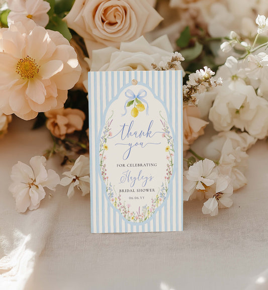 Floral-themed thank you card with decorative elements on a background of flowers. Printable Thank You Favor Tag, Bridal Shower FavorsWildflower Girl Baby Shower Tag, Baby Shower Tag, Blue Ribbon, Posey 