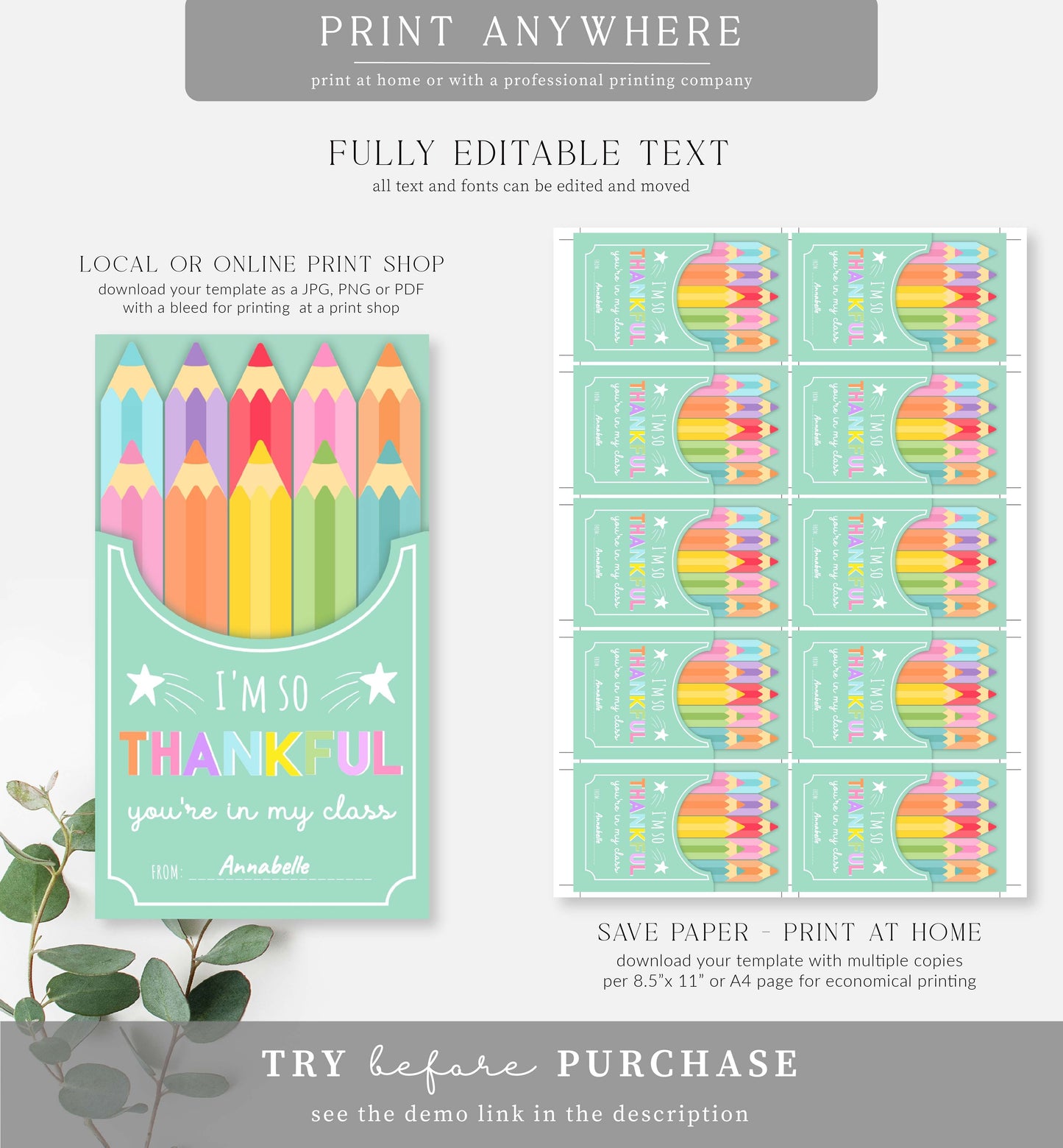 Pencil | Printable Thankful You're In My Class Favour Tag Template