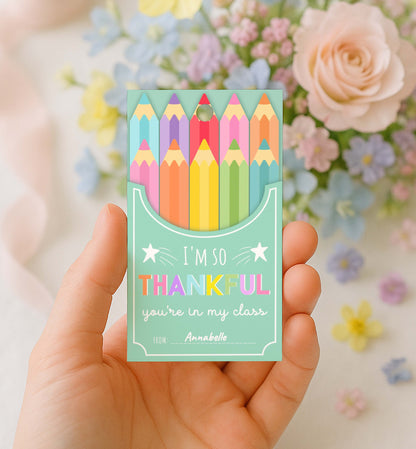 Card with colorful pencils and text held in a hand with flowers in the background. Printable Back To School Tag Template, I'm So Thankful You're In My Class Pencil Holder Tag, New School Year Classroom Gift, Crayon Gift
