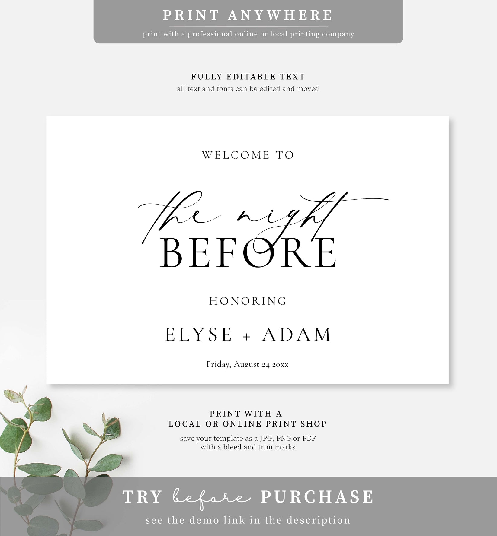 Ellesmere White | Printable Rehearsal Dinner Welcome Sign Template – Black Bow Studio