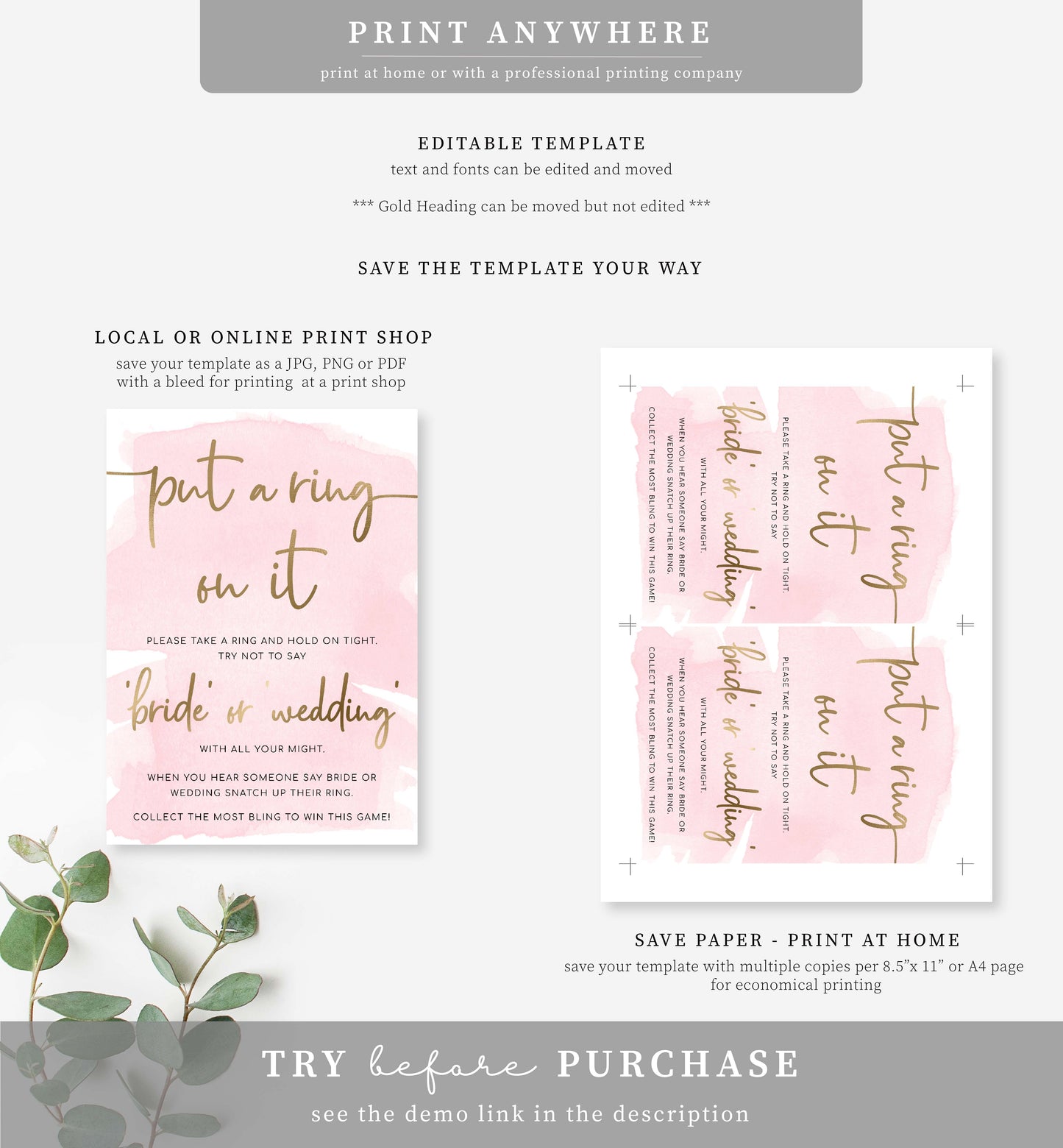 Watercolour Pink Gold | Printable The Ring Game Sign Template