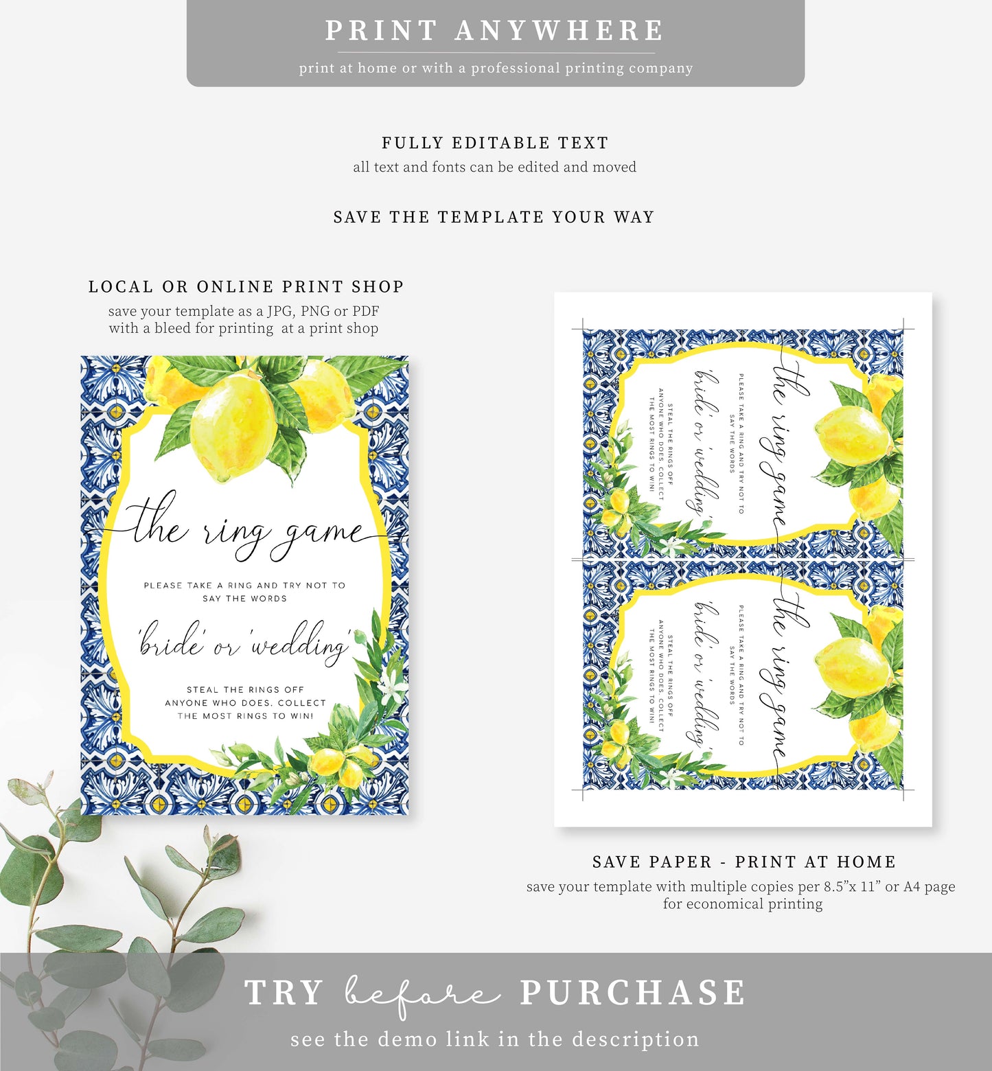 Positano Lemons | Printable The Ring Game Sign Template