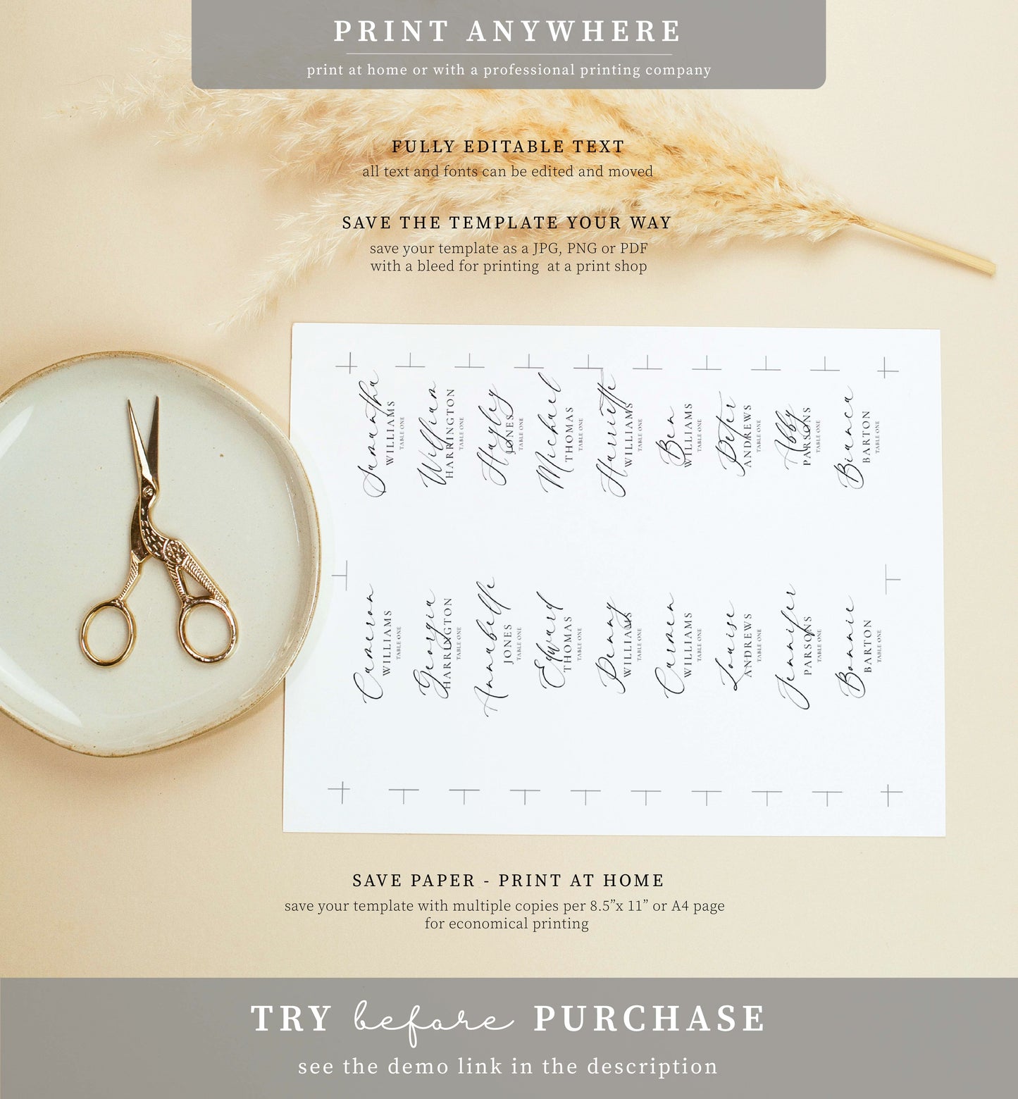 Ellesmere White | Printable Slim Place Cards Template