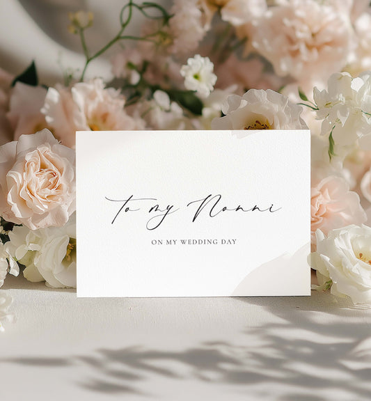 Card with 'To my Nonni on my wedding day' text surrounded by flowers. To My Nonni On My Wedding Card, Minimalist Grandparents Wedding Day Card, Ivory, Ellesmere