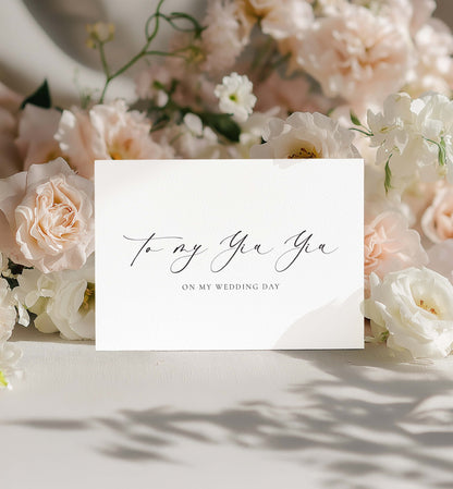 Card with 'To my Yia Yia on my wedding day' text surrounded by flowers