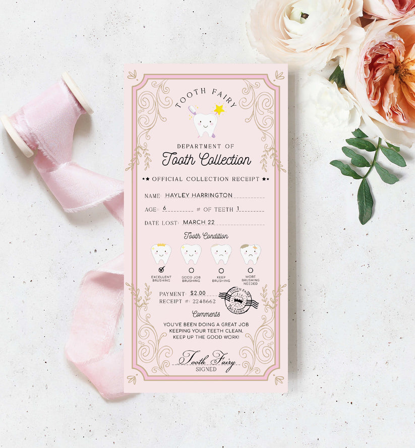 Tooth Fairy Pink | Printable Tooth Collection Receipt Template – Black ...