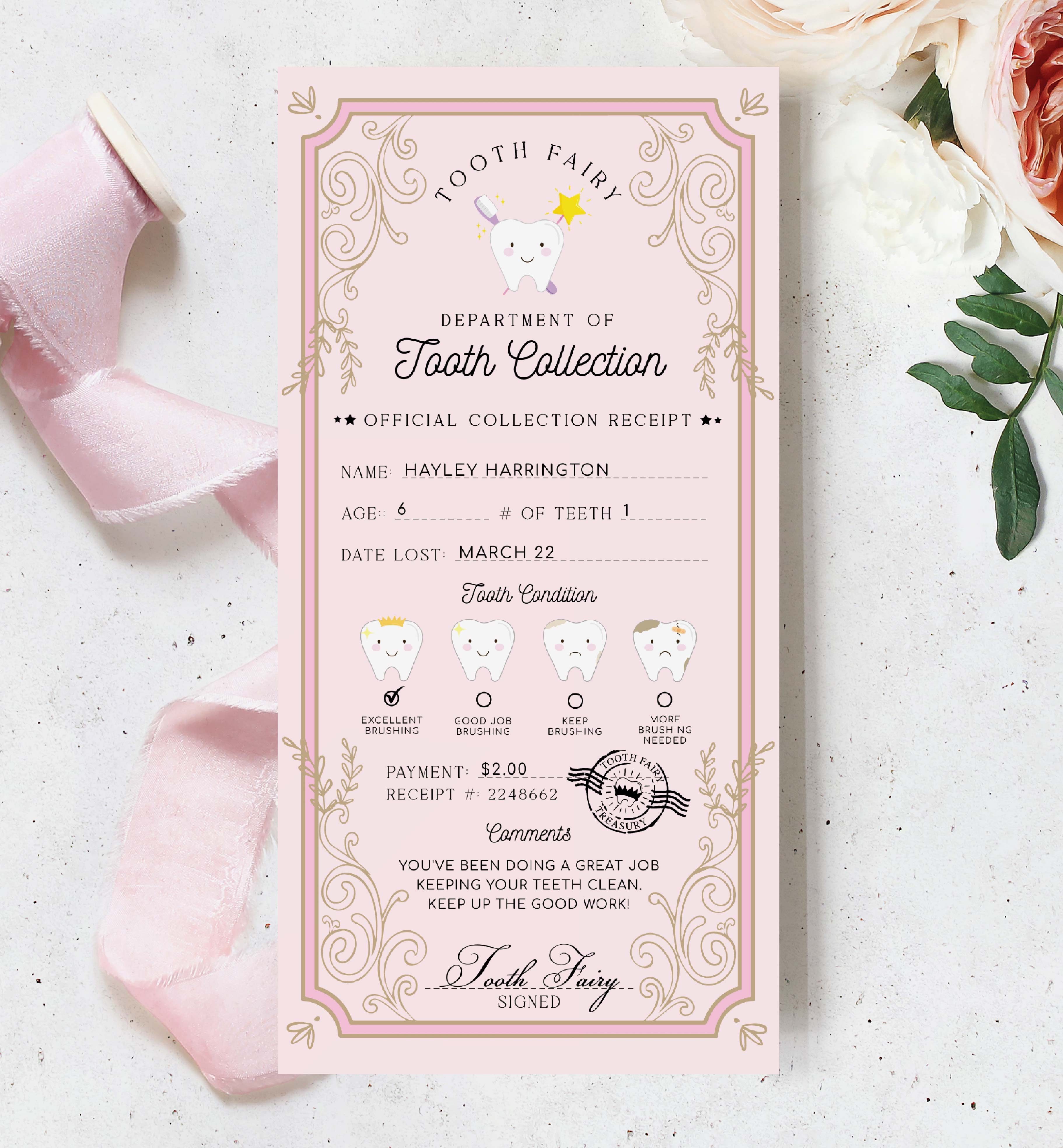 Tooth Fairy Pink | Printable Tooth Collection Receipt Template – Black ...