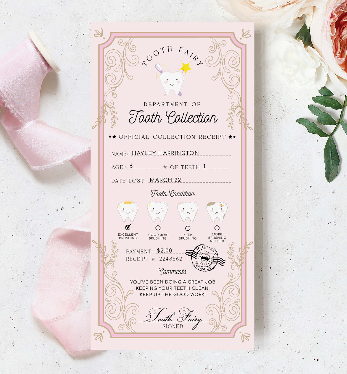Tooth Collection Tooth Fairy Pink | Printable Tooth Collection Receipt Template – Black ...