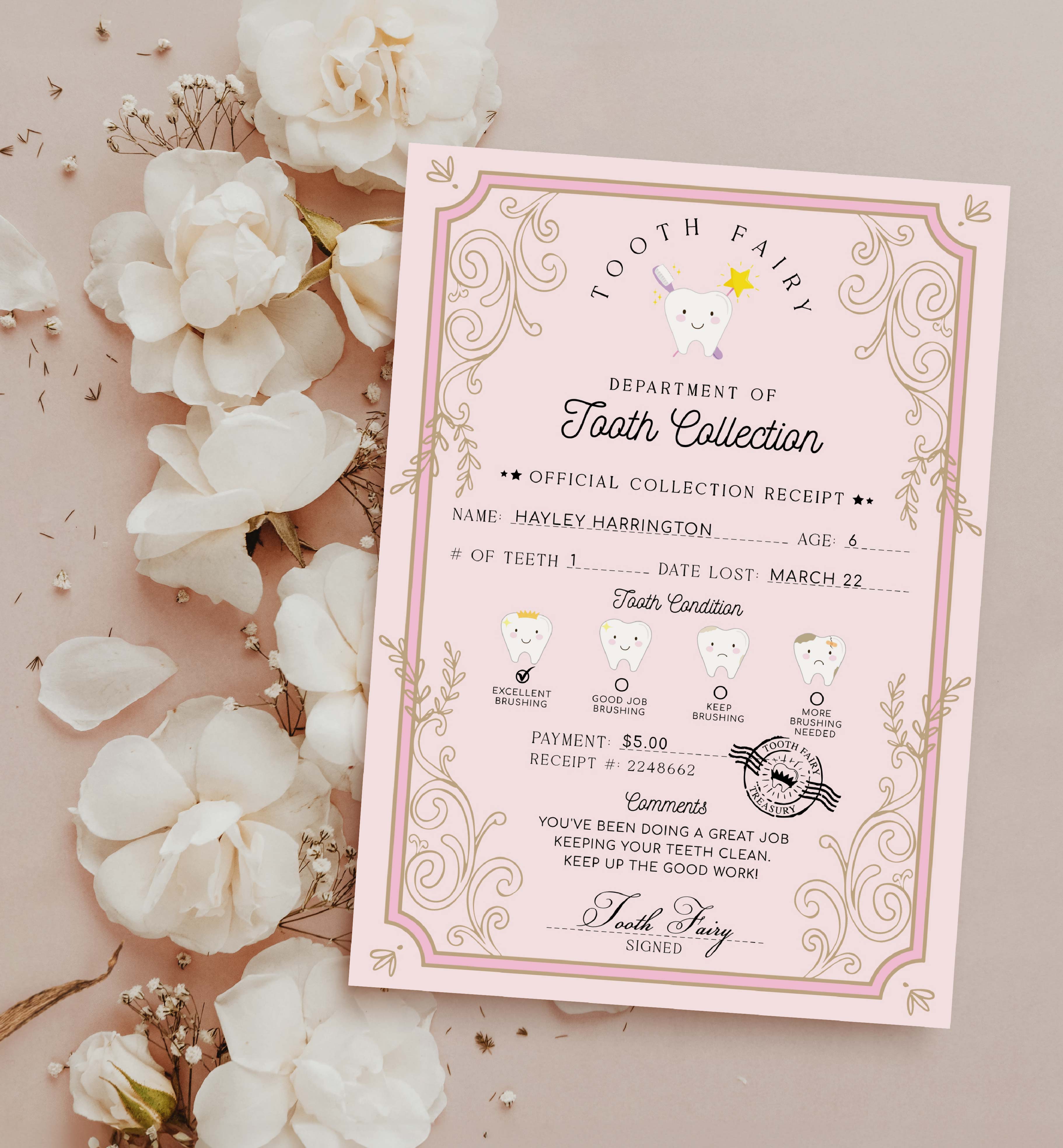 Tooth Fairy Pink | Printable Tooth Collection Receipt Template – Black ...
