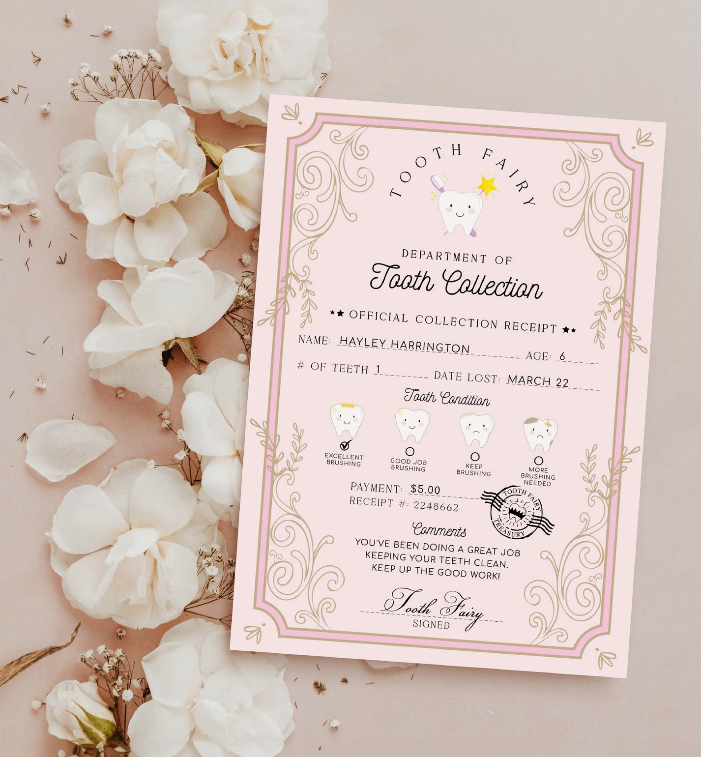Tooth Fairy Pink | Printable Tooth Collection Receipt Template – Black ...