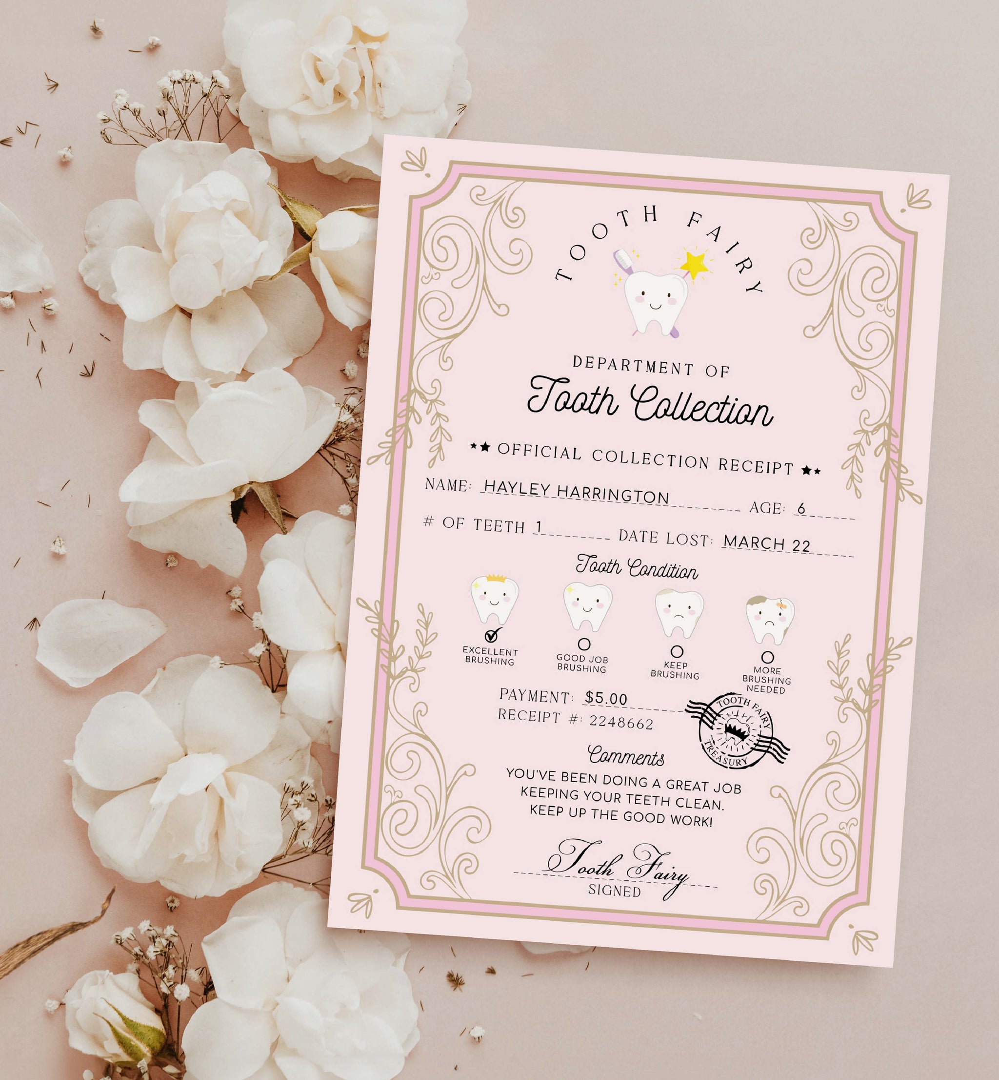 Tooth Fairy Pink | Printable Tooth Collection Receipt Template – Black ...