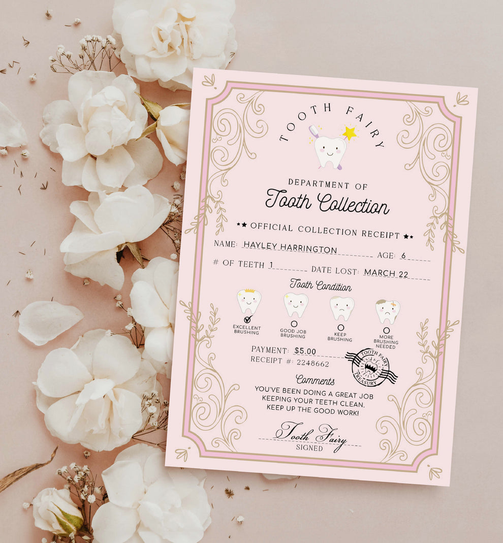 Tooth Collection Tooth Fairy Pink | Printable Tooth Collection Receipt Template – Black ...
