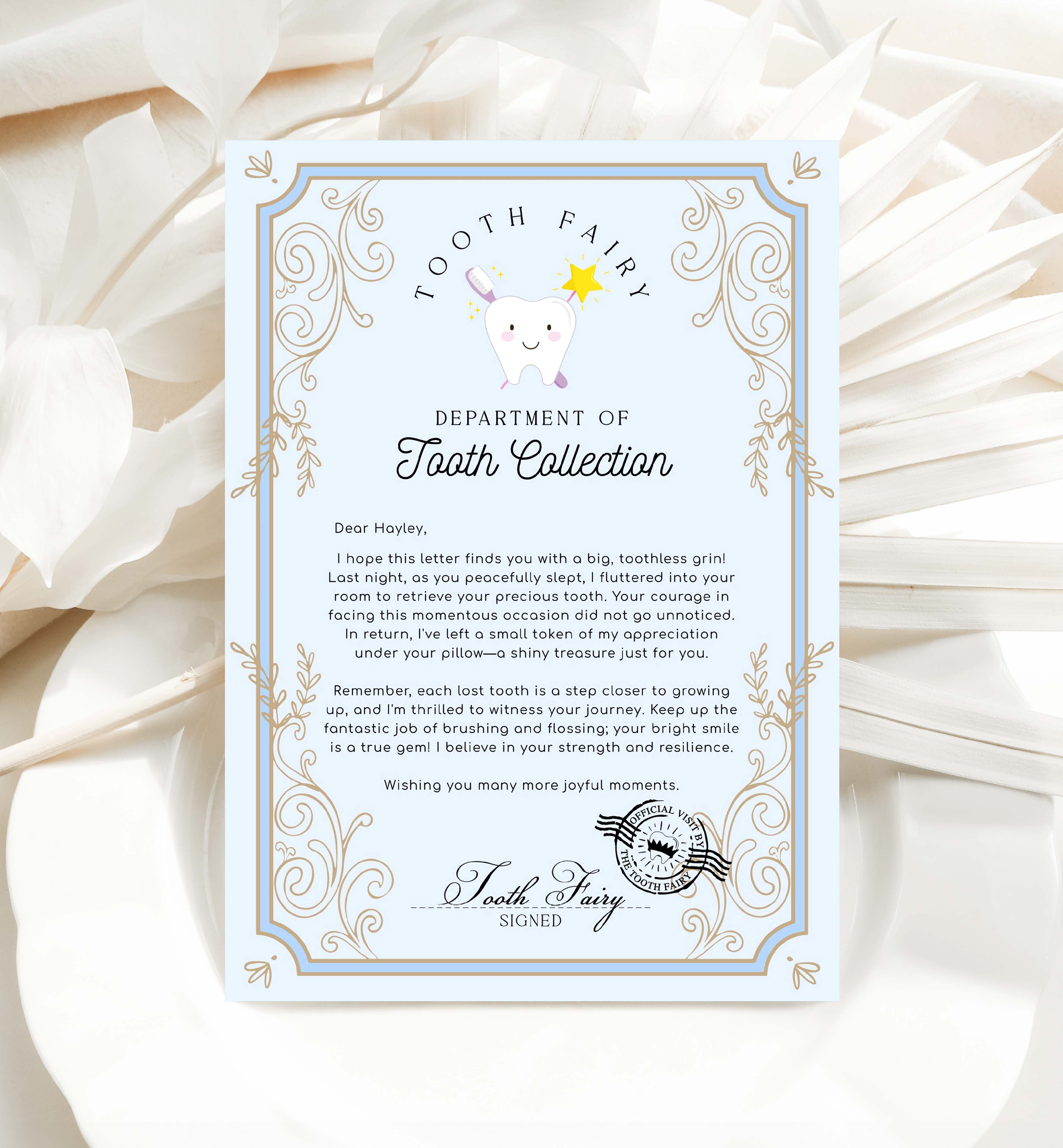 Tooth Collection Tooth Fairy Blue | Printable Tooth Collection Letter Template – Black ...
