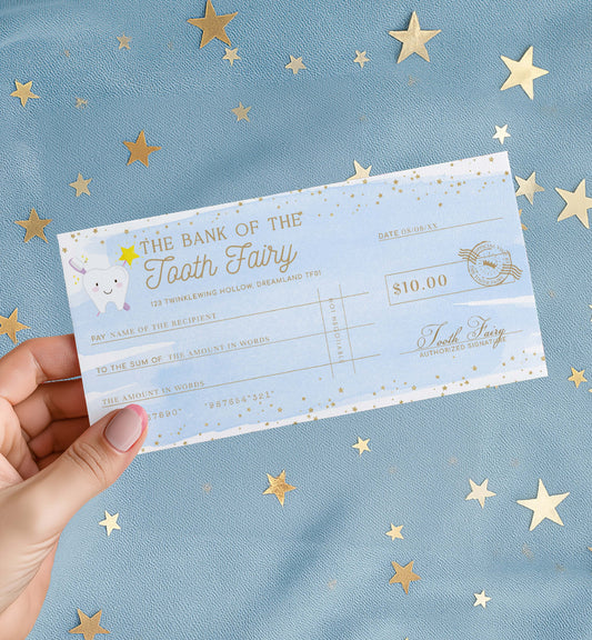 Hand holding a tooth fairy check against a star-patterned blue background. Printable Tooth Fairy Cheque, Tooth Fairy Money Voucher, Tooth Fairy Payment Certificate, Lost Tooth Gift Voucher, Coupon, Blue Watercolor
