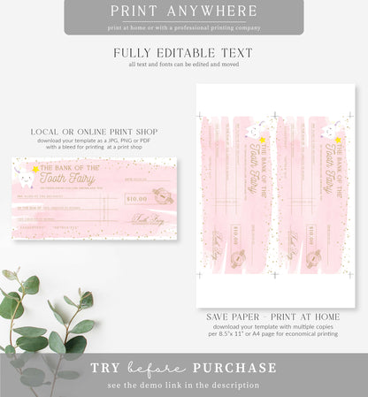 Watercolour Pink | Printable Tooth Fairy Cheque Gift Voucher Template