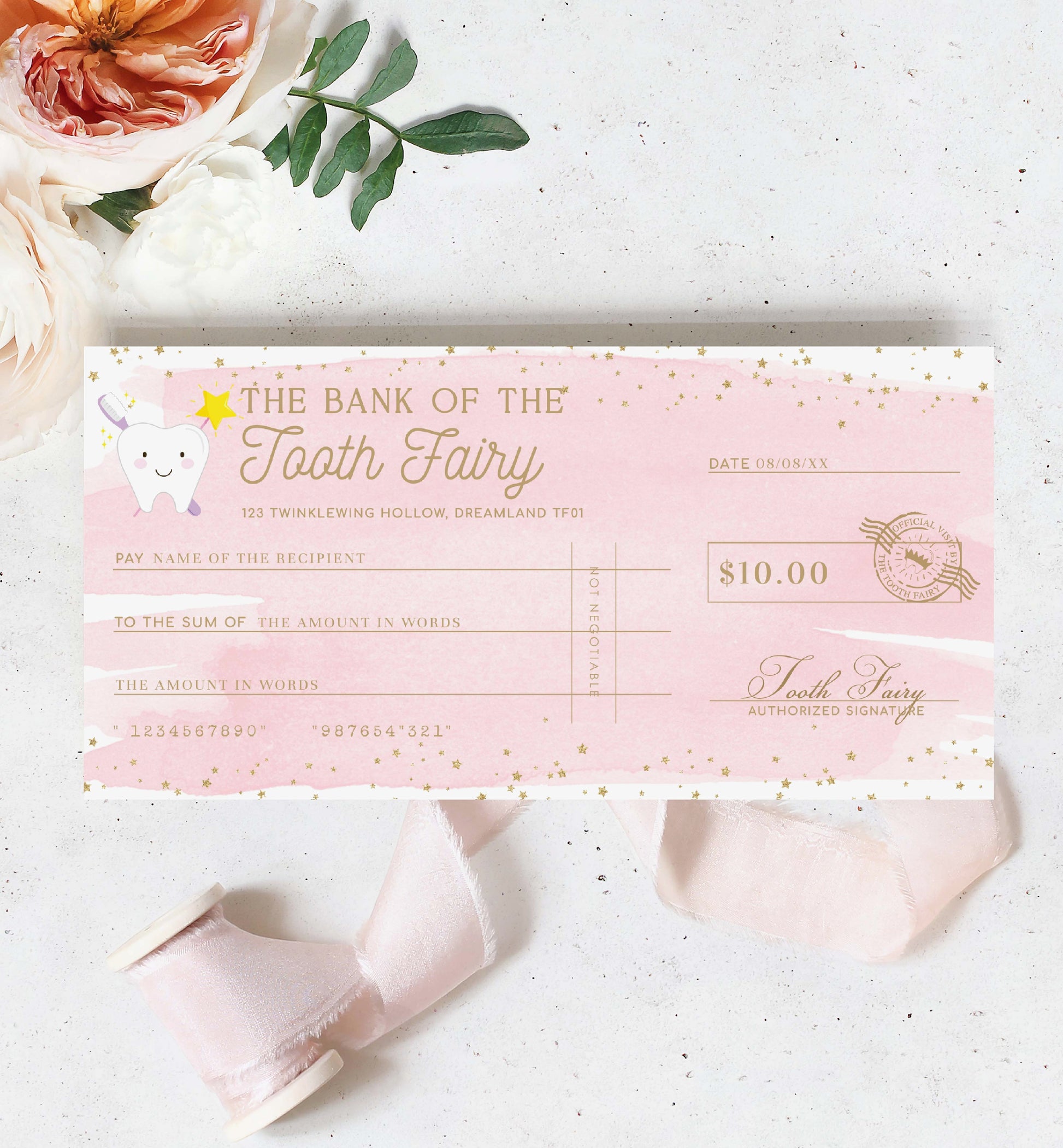 Pink check from the Bank of the Tooth Fairy on a light background with flowers. Printable Tooth Fairy Cheque, Tooth Fairy Money Voucher, Tooth Fairy Payment Certificate, Lost Tooth Gift Voucher, Coupon, Pink Watercolor