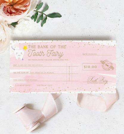 Pink check from the Bank of the Tooth Fairy on a light background with flowers. Printable Tooth Fairy Cheque, Tooth Fairy Money Voucher, Tooth Fairy Payment Certificate, Lost Tooth Gift Voucher, Coupon, Pink Watercolor